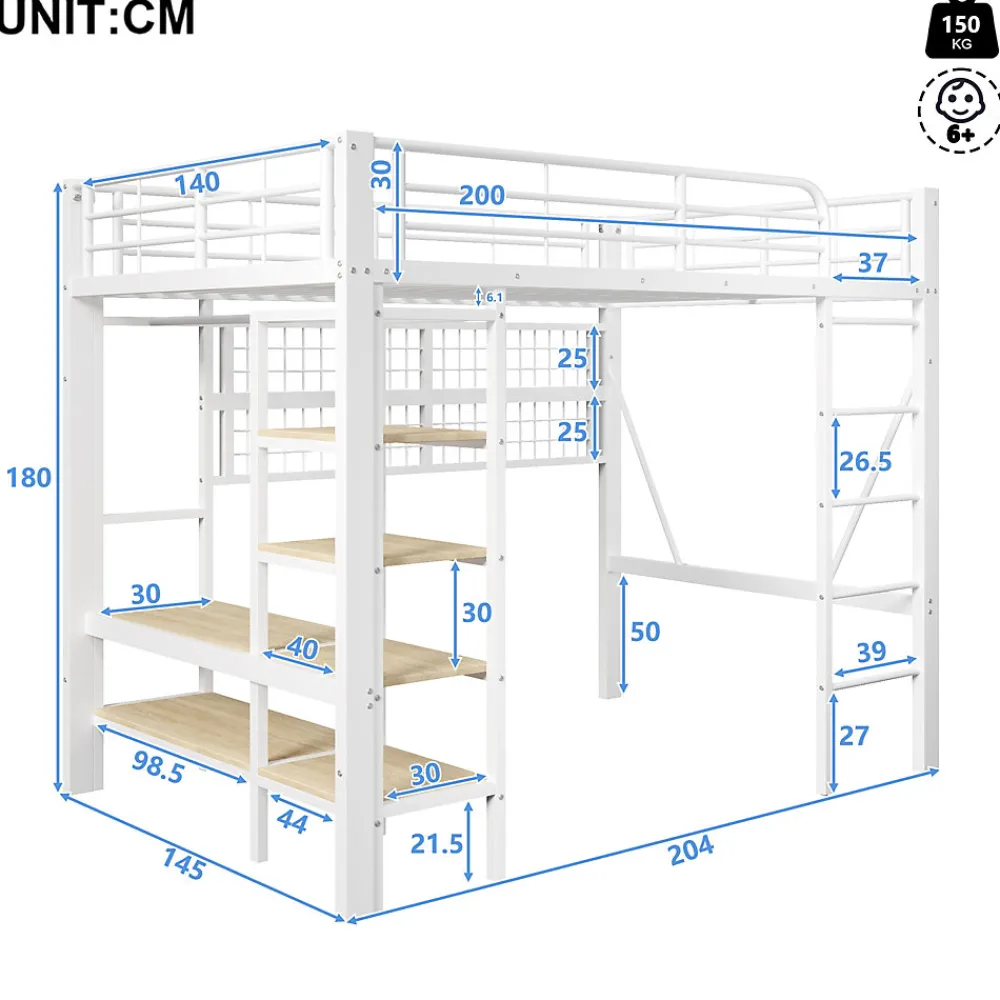 Lit mezzanine en fer 140 x 200 cm avec bande lumineuse LED, compartiment de rangement, tringle à vêtements, sans matelas, blanc>Seyakany Hot