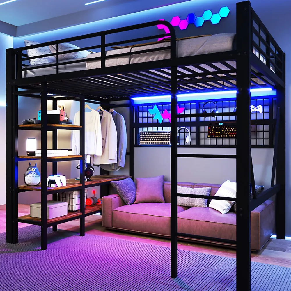 Lit mezzanine en fer 140 x 200 cm avec bande lumineuse LED, compartiment de rangement, tringle à vêtements, sans matelas, noir>Seyakany Best