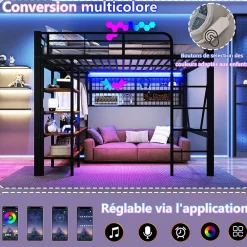 Lit mezzanine en fer 140 x 200 cm avec bande lumineuse LED, compartiment de rangement, tringle à vêtements, sans matelas, noir><noscript><img width=