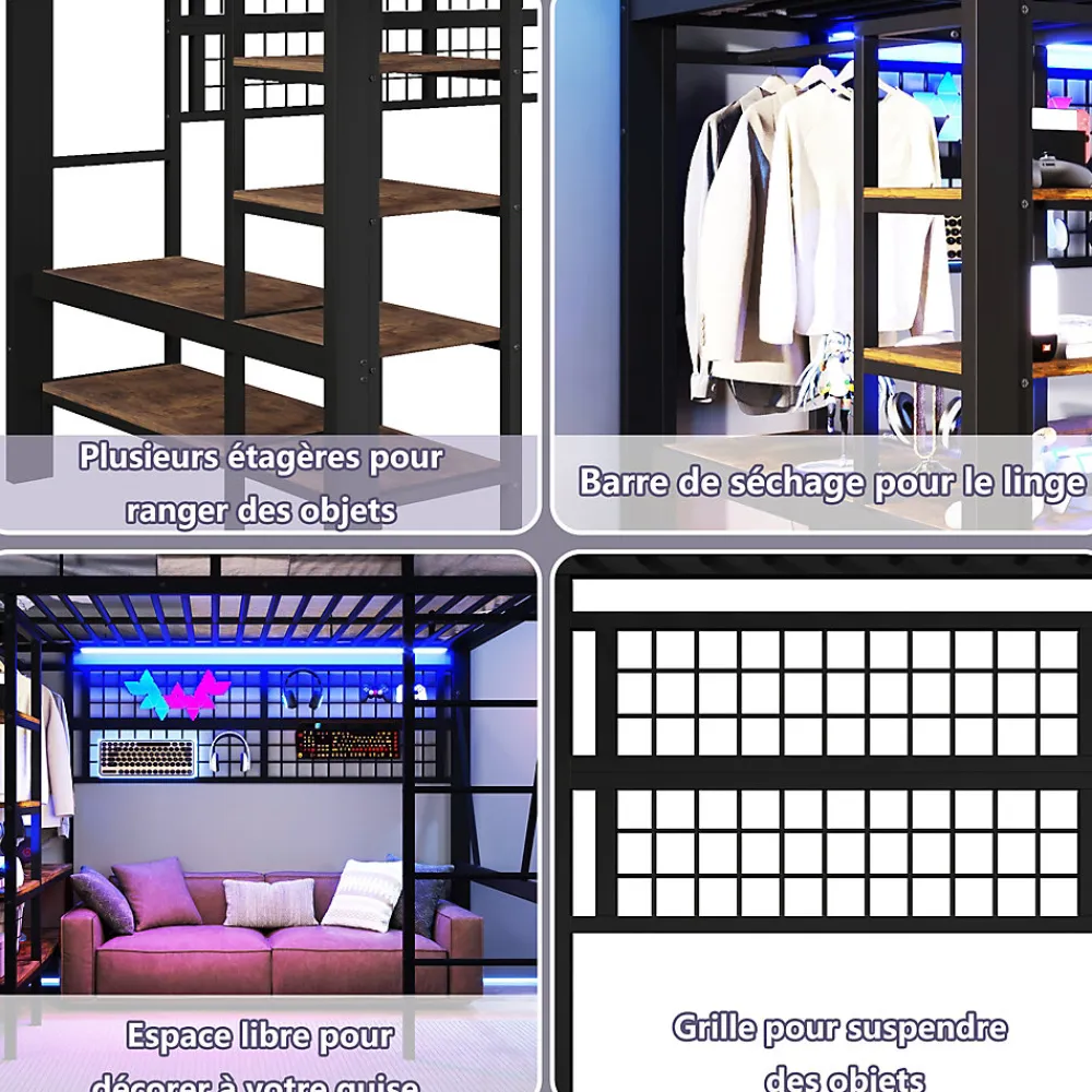 Lit mezzanine en fer 140 x 200 cm avec bande lumineuse LED, compartiment de rangement, tringle à vêtements, sans matelas, noir>Seyakany Best