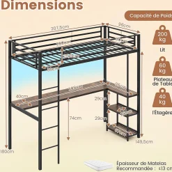 Lit Mezzanine en Métal avec Échelle 200X90CM avec Station de Charge Lumières Ambiance et Bureau Angle L 3 Étagères Noir>Giantex Clearance