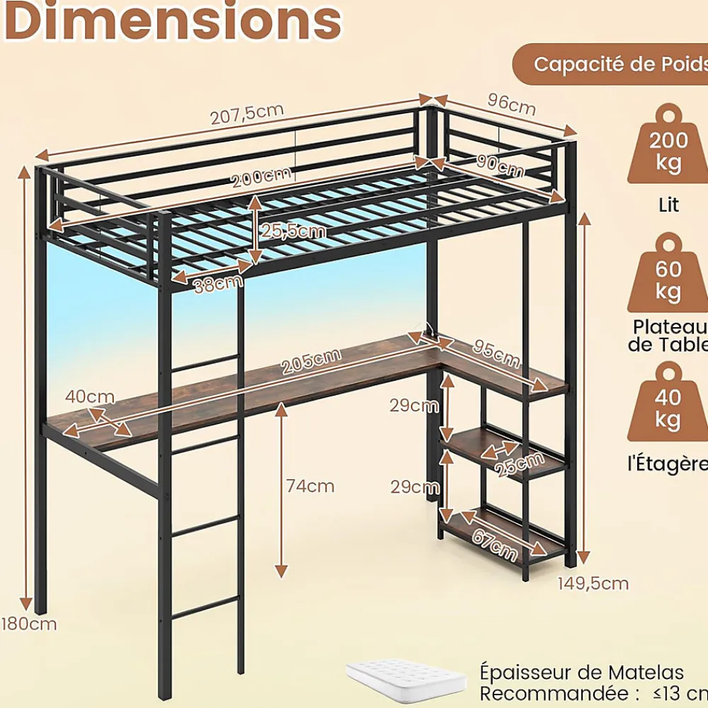 Lit Mezzanine en Métal avec Échelle 200X90CM avec Station de Charge Lumières Ambiance et Bureau Angle L 3 Étagères Noir>Giantex Clearance