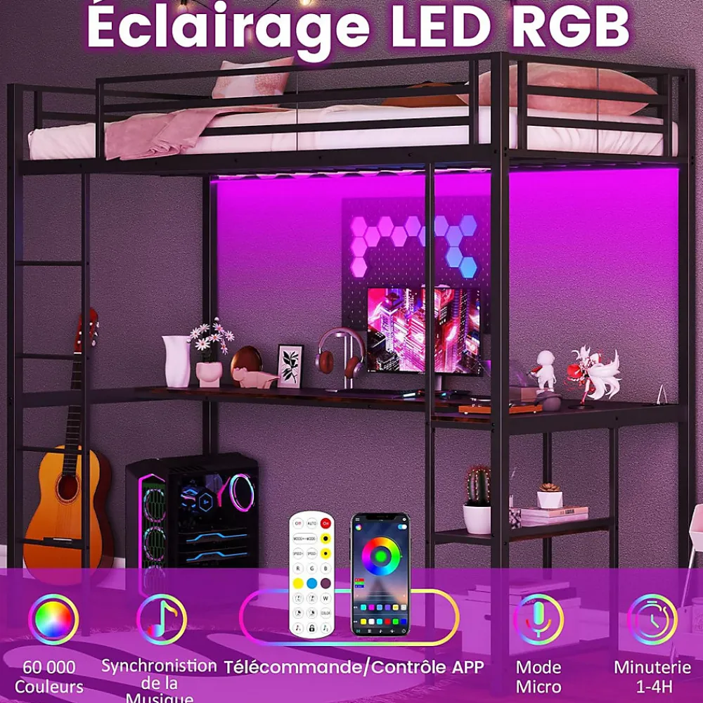 Lit Mezzanine en Métal avec Échelle 200X90CM avec Station de Charge Lumières Ambiance et Bureau Angle L 3 Étagères Noir>Giantex Clearance