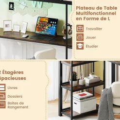 Lit Mezzanine en Métal avec Échelle 200X90CM avec Station de Charge Lumières Ambiance et Bureau Angle L 3 Étagères Noir><noscript><img width=