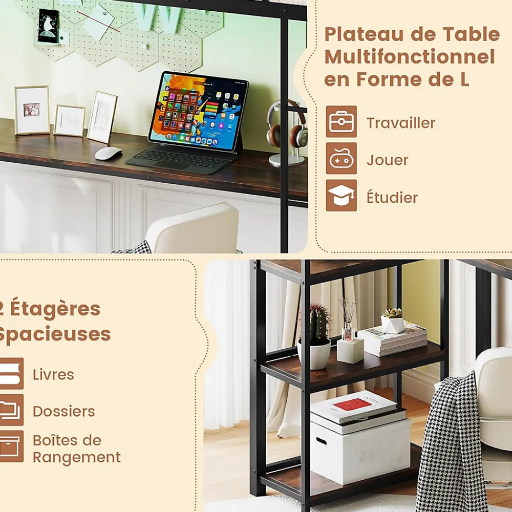Lit Mezzanine en Métal avec Échelle 200X90CM avec Station de Charge Lumières Ambiance et Bureau Angle L 3 Étagères Noir>Giantex Clearance