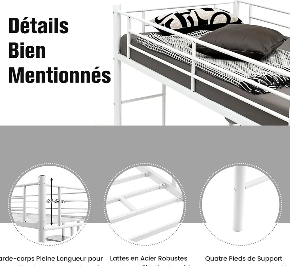 Giantex Lit Mezzanine en Métal avec Bureau, Lit Superposé 2 en 1 avec Poste de Travail, 2 Échelles et Garde-Corps, Blanc*Enfant Lit Enfant
