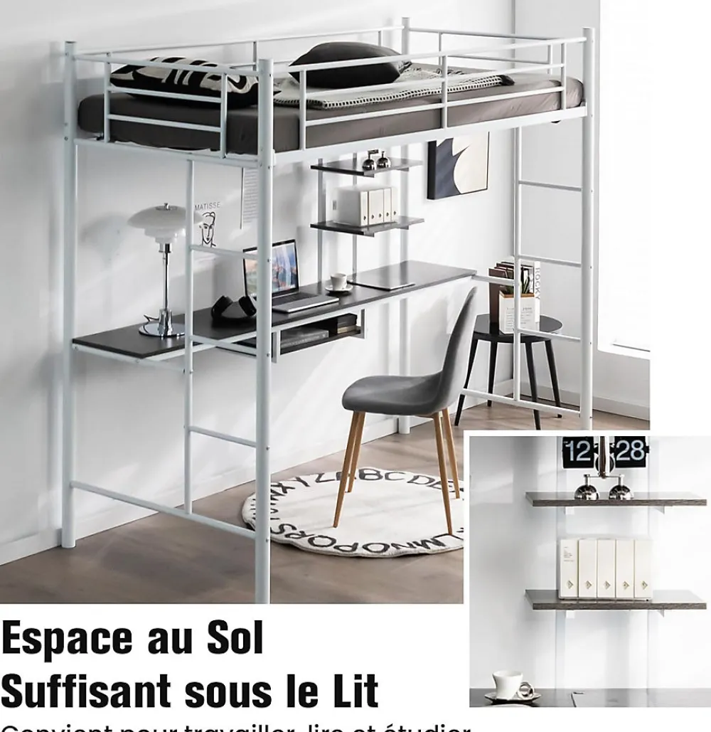 Giantex Lit Mezzanine en Métal avec Bureau, Lit Superposé 2 en 1 avec Poste de Travail, 2 Échelles et Garde-Corps, Blanc*Enfant Lit Enfant
