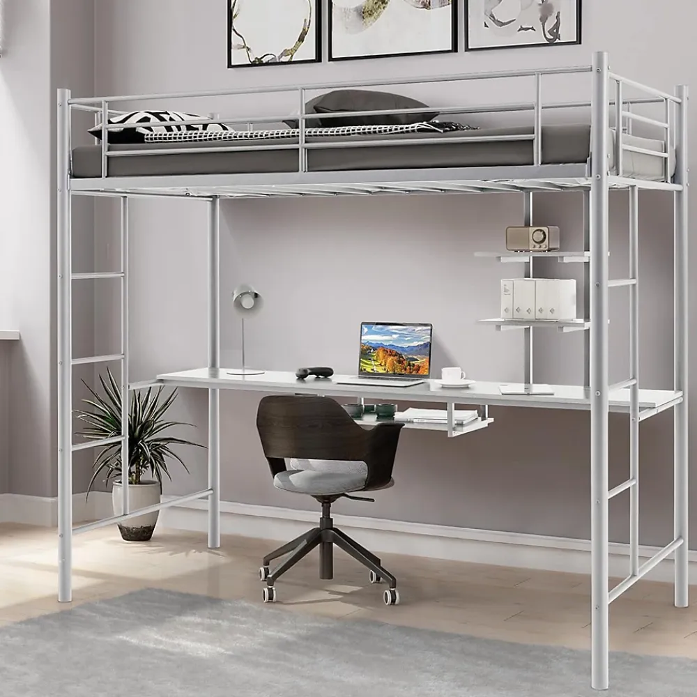 Giantex Lit Mezzanine en Métal avec Bureau, Lit Superposé 2 en 1 avec Poste de Travail, 2 Échelles et Garde-Corps, Blanc*Enfant Lit Enfant