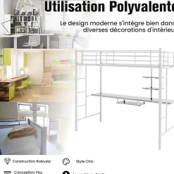 Giantex Lit Mezzanine en Métal avec Bureau, Lit Superposé 2 en 1 avec Poste de Travail, 2 Échelles et Garde-Corps, Blanc*Enfant Lit Enfant