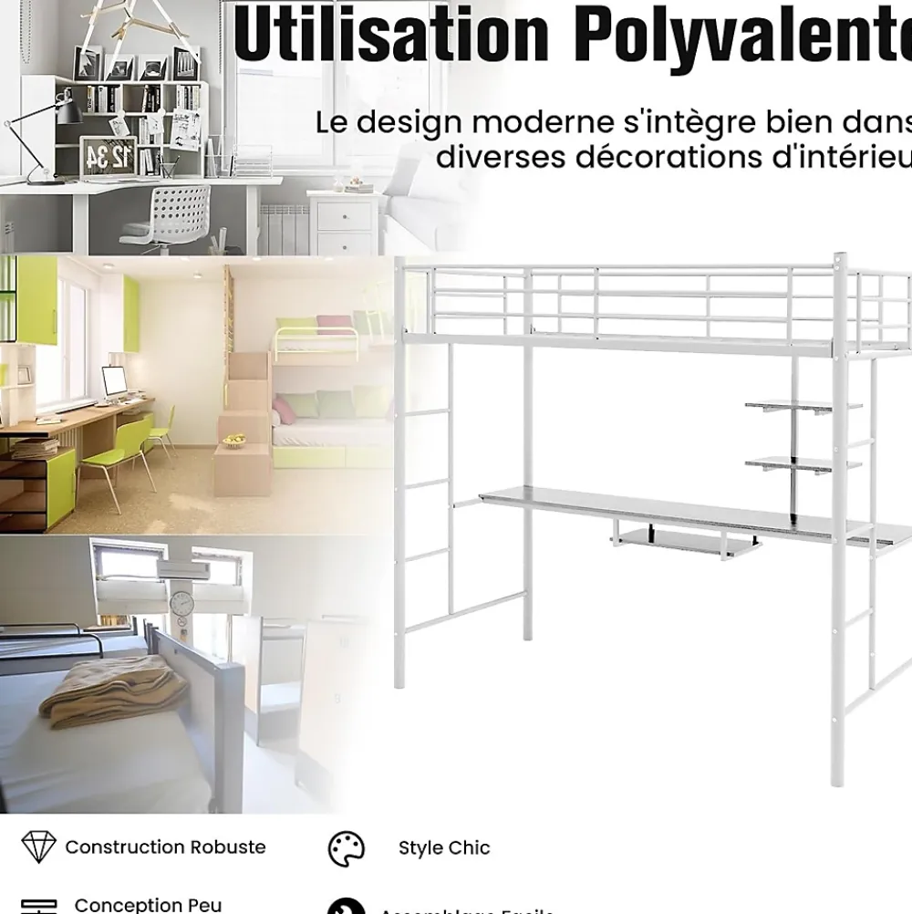 Giantex Lit Mezzanine en Métal avec Bureau, Lit Superposé 2 en 1 avec Poste de Travail, 2 Échelles et Garde-Corps, Blanc*Enfant Lit Enfant
