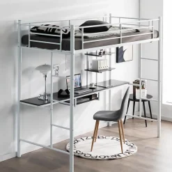 Giantex Lit Mezzanine en Métal avec Bureau, Lit Superposé 2 en 1 avec Poste de Travail, 2 Échelles et Garde-Corps, Blanc*Enfant Lit Enfant