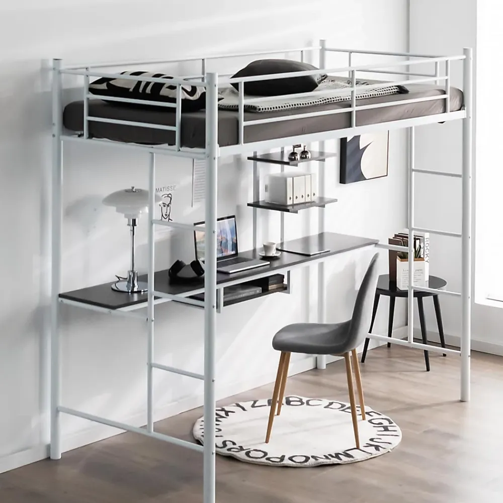 Giantex Lit Mezzanine en Métal avec Bureau, Lit Superposé 2 en 1 avec Poste de Travail, 2 Échelles et Garde-Corps, Blanc*Enfant Lit Enfant