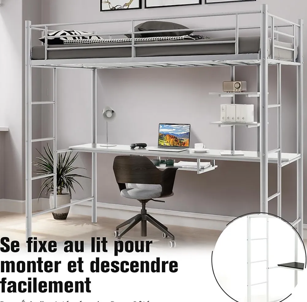 Giantex Lit Mezzanine en Métal avec Bureau, Lit Superposé 2 en 1 avec Poste de Travail, 2 Échelles et Garde-Corps, Blanc*Enfant Lit Enfant