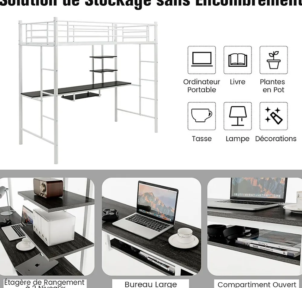 Giantex Lit Mezzanine en Métal avec Bureau, Lit Superposé 2 en 1 avec Poste de Travail, 2 Échelles et Garde-Corps, Blanc*Enfant Lit Enfant