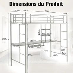 Giantex Lit Mezzanine en Métal avec Bureau, Lit Superposé 2 en 1 avec Poste de Travail, 2 Échelles et Garde-Corps, Blanc*Enfant Lit Enfant