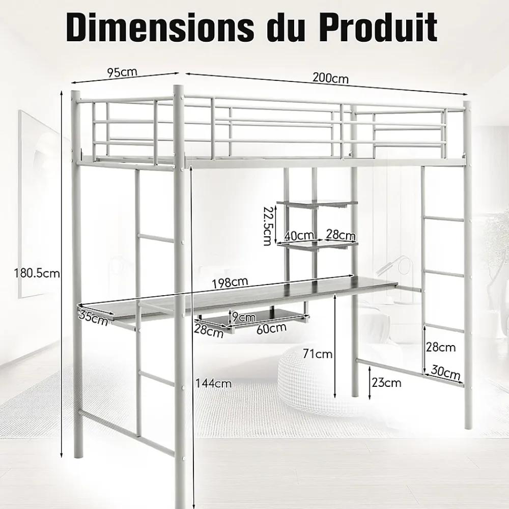 Giantex Lit Mezzanine en Métal avec Bureau, Lit Superposé 2 en 1 avec Poste de Travail, 2 Échelles et Garde-Corps, Blanc*Enfant Lit Enfant