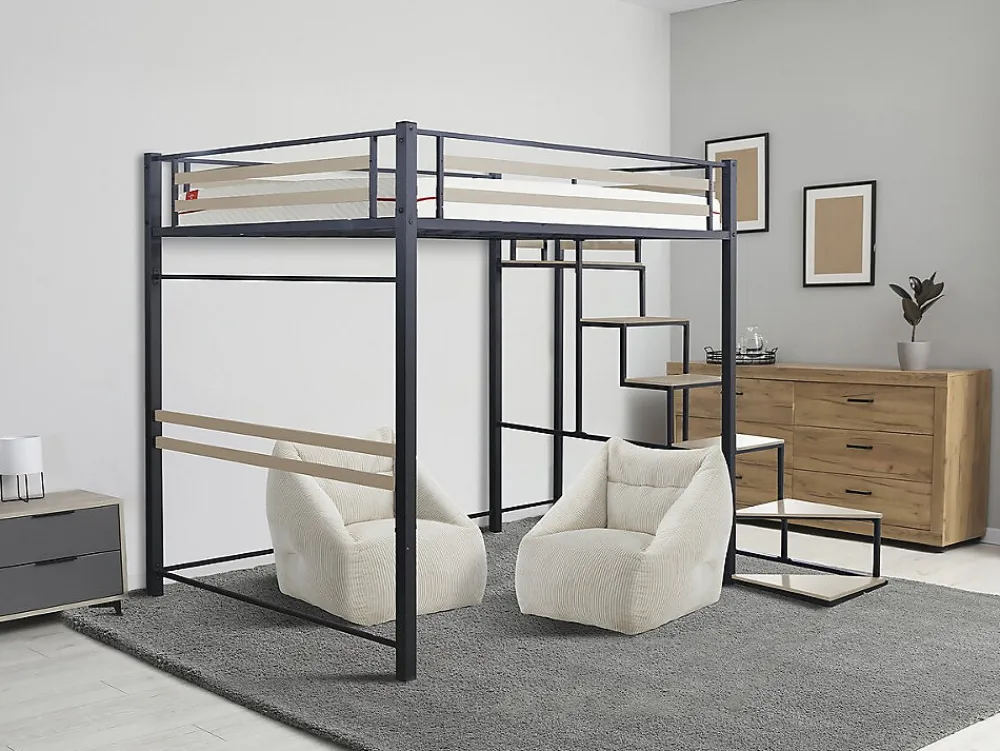 Lit mezzanine en métal avec escalier "LENA" 140 x 190 cm Noir>Habitat Et Jardin