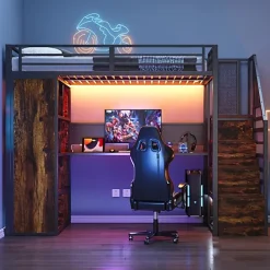 ModernLuxe Lit mezzanine en métal 90x200 cm avec armoire et bureau - avec LED - compartiments de rangement - noir (sans matelas)* Lit Mezzanine