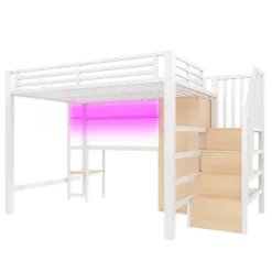 ModernLuxe Lit mezzanine en métal 140x200 cm - Éclairage LED - Bureau et penderie intégrés - Étagères et échelle de rangement - MDF - Blanc* Lit Mezzanine