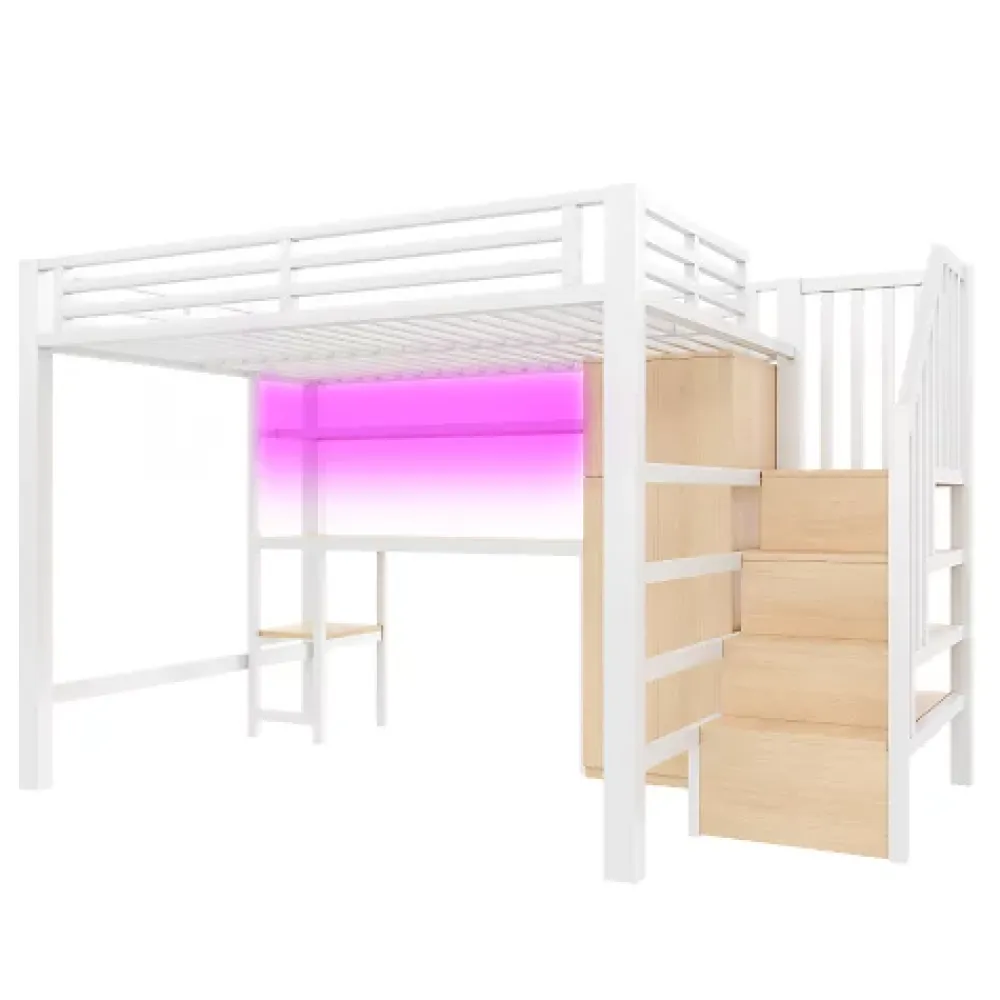 ModernLuxe Lit mezzanine en métal 140x200 cm - Éclairage LED - Bureau et penderie intégrés - Étagères et échelle de rangement - MDF - Blanc* Lit Mezzanine