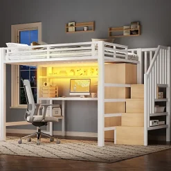 ModernLuxe Lit mezzanine en métal 140x200 cm - Éclairage LED - Bureau et penderie intégrés - Étagères et échelle de rangement - MDF - Blanc* Lit Mezzanine