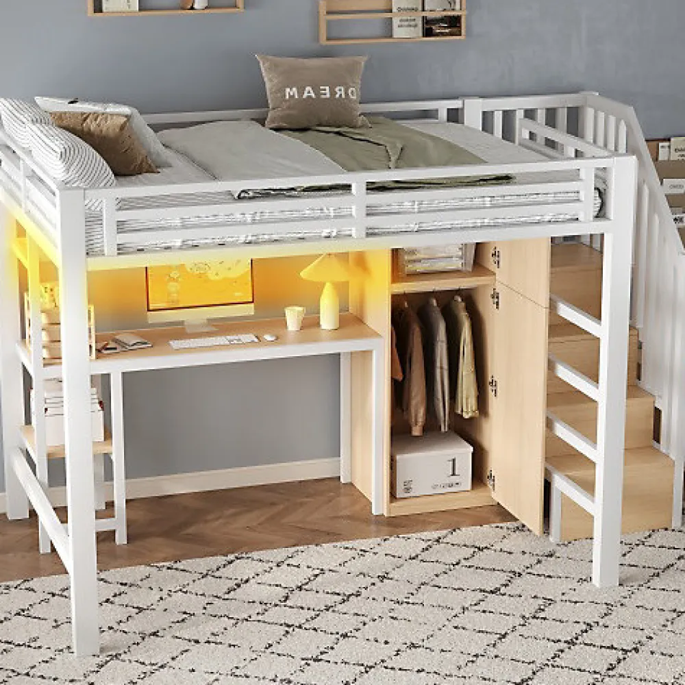ModernLuxe Lit mezzanine en métal 140x200 cm - Éclairage LED - Bureau et penderie intégrés - Étagères et échelle de rangement - MDF - Blanc* Lit Mezzanine