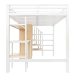 ModernLuxe Lit mezzanine en métal 140x200 cm - Éclairage LED - Bureau et penderie intégrés - Étagères et échelle de rangement - MDF - Blanc* Lit Mezzanine