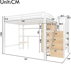 ModernLuxe Lit mezzanine en métal 140x200 cm - Éclairage LED - Bureau et penderie intégrés - Étagères et échelle de rangement - MDF - Blanc* Lit Mezzanine
