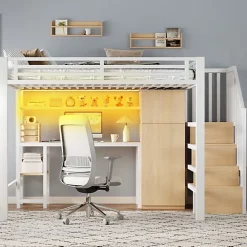 ModernLuxe Lit mezzanine en métal 140x200 cm - Éclairage LED - Bureau et penderie intégrés - Étagères et échelle de rangement - MDF - Blanc* Lit Mezzanine