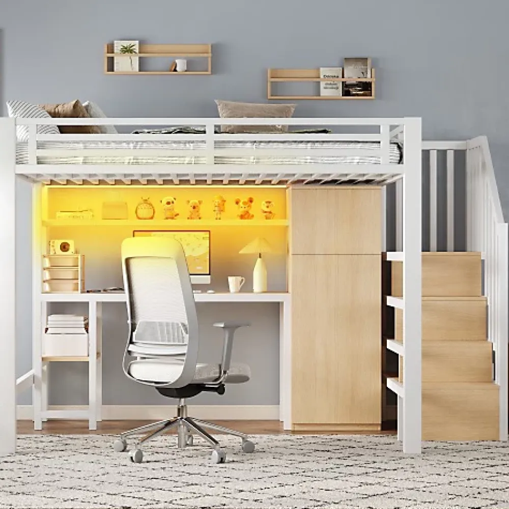 ModernLuxe Lit mezzanine en métal 140x200 cm - Éclairage LED - Bureau et penderie intégrés - Étagères et échelle de rangement - MDF - Blanc* Lit Mezzanine