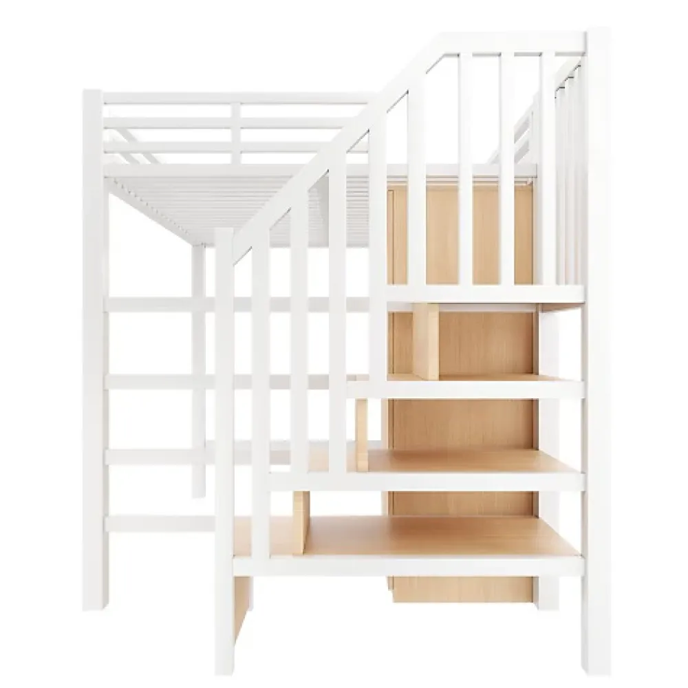 ModernLuxe Lit mezzanine en métal 140x200 cm - Éclairage LED - Bureau et penderie intégrés - Étagères et échelle de rangement - MDF - Blanc* Lit Mezzanine