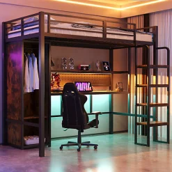 Lit mezzanine en métal 90x200 cm avec escalier - armoire et bureau avec panneau perforé - avec LED - noir (sans matelas)><noscript><img width=