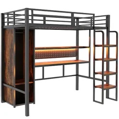 Lit mezzanine en métal 90x200 cm avec escalier - armoire et bureau avec panneau perforé - avec LED - noir (sans matelas)><noscript><img width=