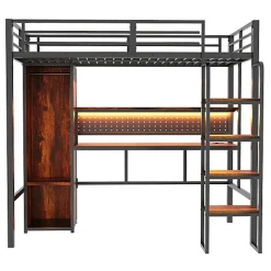 Lit mezzanine en métal 90x200 cm avec escalier - armoire et bureau avec panneau perforé - avec LED - noir (sans matelas)><noscript><img width=