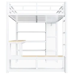 ModernLuxe Lit mezzanine en métal 140x200 cm - Avec bureau et étagères - Avec penderie ouverte - Port USB et LED - Blanc (sans matelas)* Lit Mezzanine
