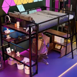 Lit mezzanine en métal 140x200 cm - Avec LED - Bureau et étagère de rangement - Port USB - Noir (sans matelas)>ModernLuxe