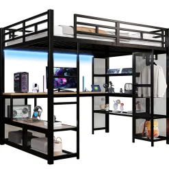Lit mezzanine en métal 140x200 cm - Avec LED - Bureau et étagère de rangement - Port USB - Noir (sans matelas)><noscript><img width=