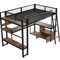 Lit mezzanine en métal 140x200 cm - Avec LED - Bureau et étagère de rangement - Port USB - Noir (sans matelas)><noscript><img width=