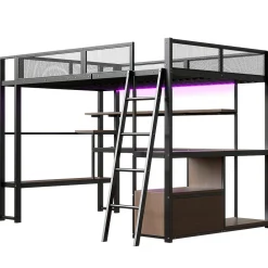 Lit mezzanine en métal 140x200 cm - Avec LED - Bureau et étagère de rangement - Port USB - Noir (sans matelas)><noscript><img width=