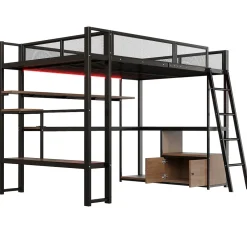 Lit mezzanine en métal 140x200 cm - Avec LED - Bureau et étagère de rangement - Port USB - Noir (sans matelas)><noscript><img width=