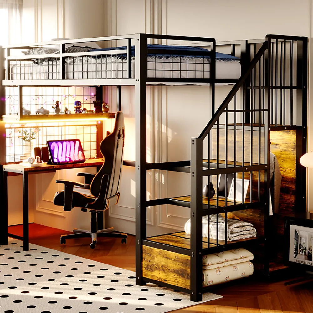 Lit mezzanine en métal 90x200 cm avec LED - prise de recharge - échelle de rangement - étagères et bureau - noir (sans matelas)>ModernLuxe Hot