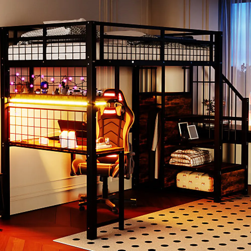 Lit mezzanine en métal 90x200 cm avec LED - prise de recharge - échelle de rangement - étagères et bureau - noir (sans matelas)>ModernLuxe Hot