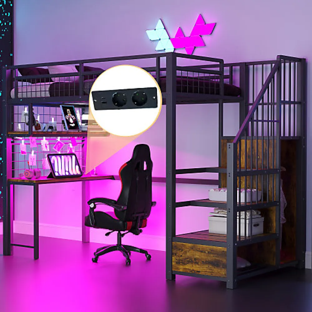 Lit mezzanine en métal 90x200 cm avec LED - prise de recharge - échelle de rangement - étagères et bureau - noir (sans matelas)>ModernLuxe Hot