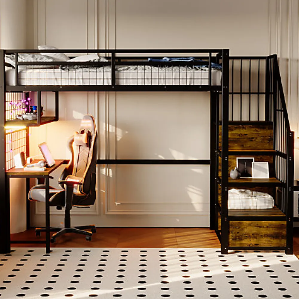 Lit mezzanine en métal 90x200 cm avec LED - prise de recharge - échelle de rangement - étagères et bureau - noir (sans matelas)>ModernLuxe Hot