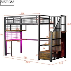 Lit mezzanine en métal 90x200 cm avec LED - prise de recharge - échelle de rangement - étagères et bureau - noir (sans matelas)><noscript><img width=