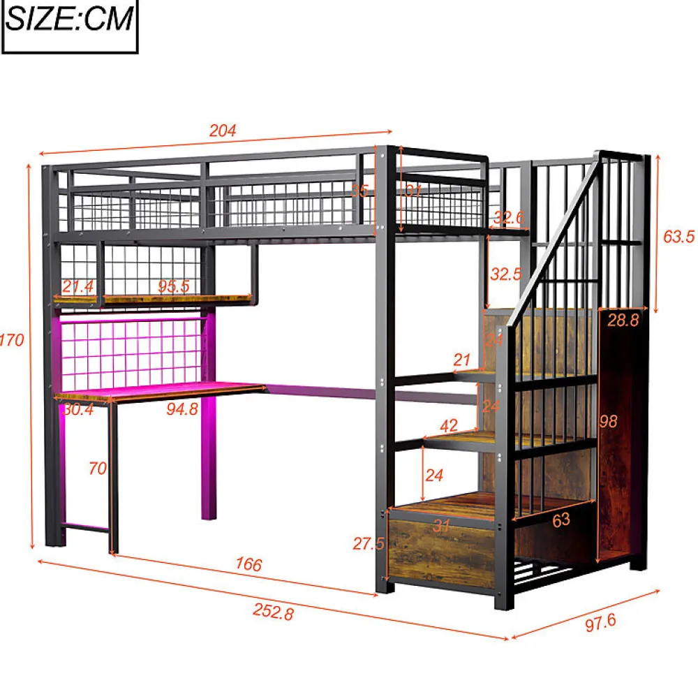 Lit mezzanine en métal 90x200 cm avec LED - prise de recharge - échelle de rangement - étagères et bureau - noir (sans matelas)>ModernLuxe Hot