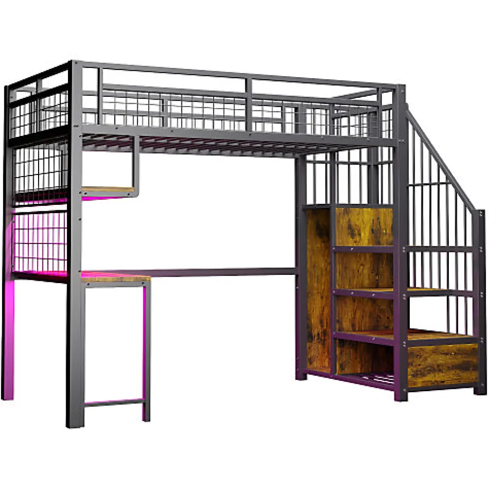 Lit mezzanine en métal 90x200 cm avec LED - prise de recharge - échelle de rangement - étagères et bureau - noir (sans matelas)>ModernLuxe Hot