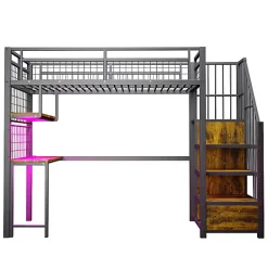 Lit mezzanine en métal 90x200 cm avec LED - prise de recharge - échelle de rangement - étagères et bureau - noir (sans matelas)><noscript><img width=