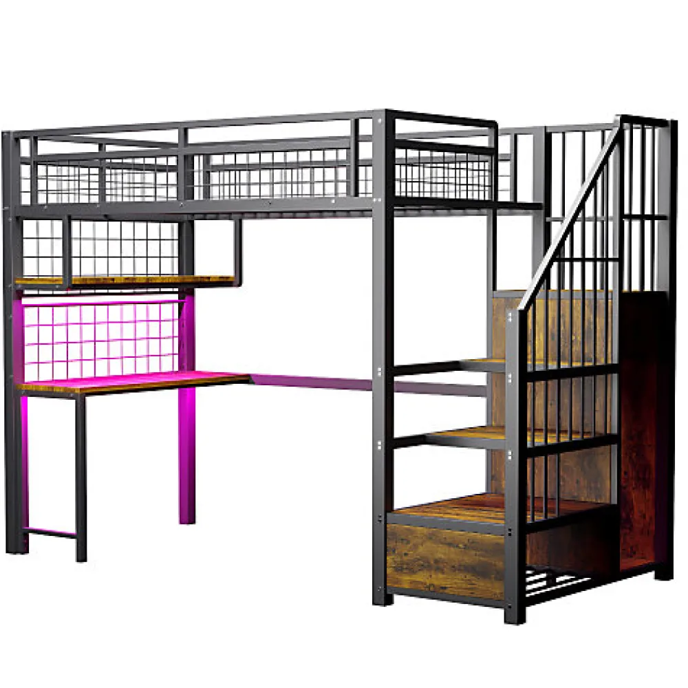 Lit mezzanine en métal 90x200 cm avec LED - prise de recharge - échelle de rangement - étagères et bureau - noir (sans matelas)>ModernLuxe Hot