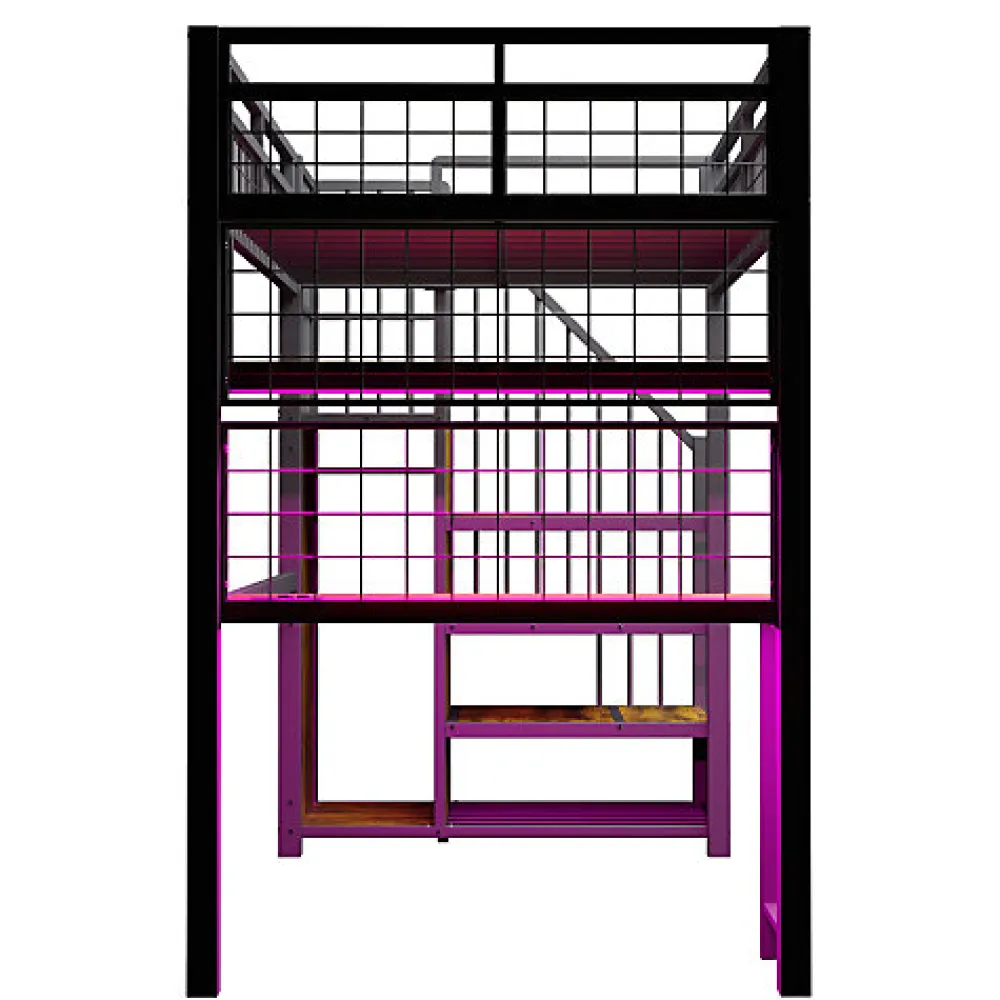 Lit mezzanine en métal 90x200 cm avec LED - prise de recharge - échelle de rangement - étagères et bureau - noir (sans matelas)>ModernLuxe Hot